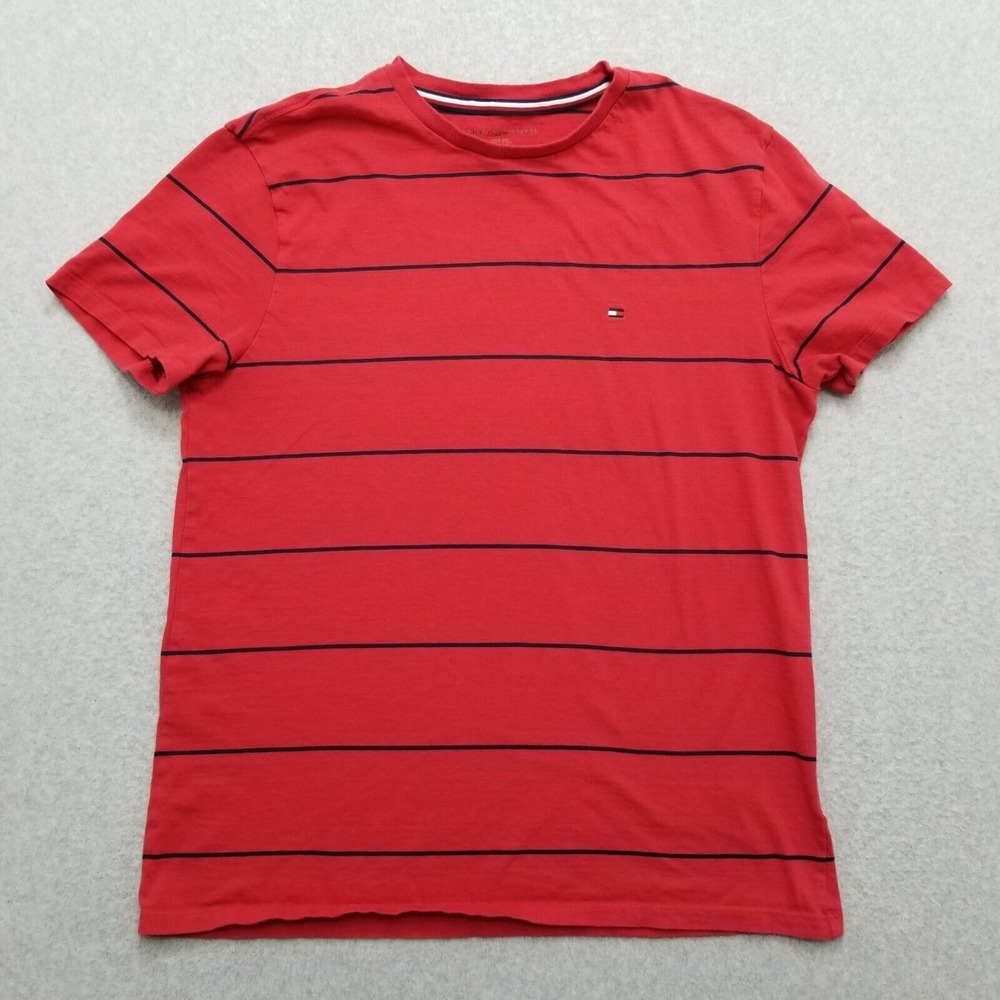 Tommy Hilfiger Mens‎ Shirt Medium Red Striped Short Sleeve